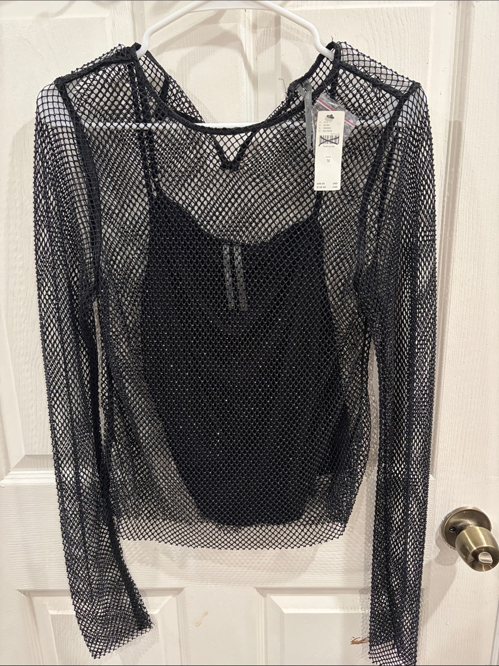 Anthropologie Black Sheer Fishnet Long-Sleeve Top with Built-In Cami
